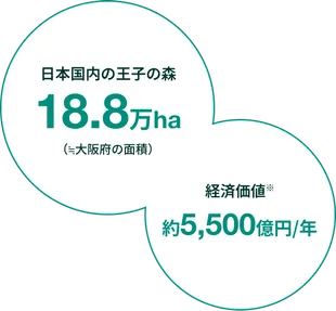 日本国内の王子の森 18.8万ha (≒大阪府の面積) 経済価値※ 約5,500億円/年